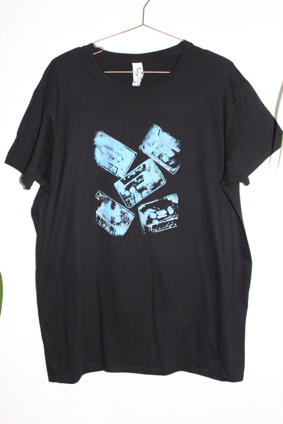 Unisex size M Black organic cotton T shirt,blue retro tape cassette screen print
