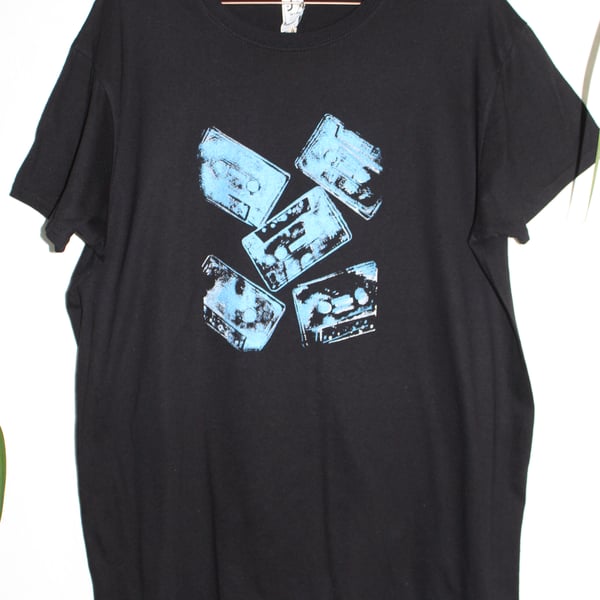 Unisex size M Black organic cotton T shirt,blue retro tape cassette screen print