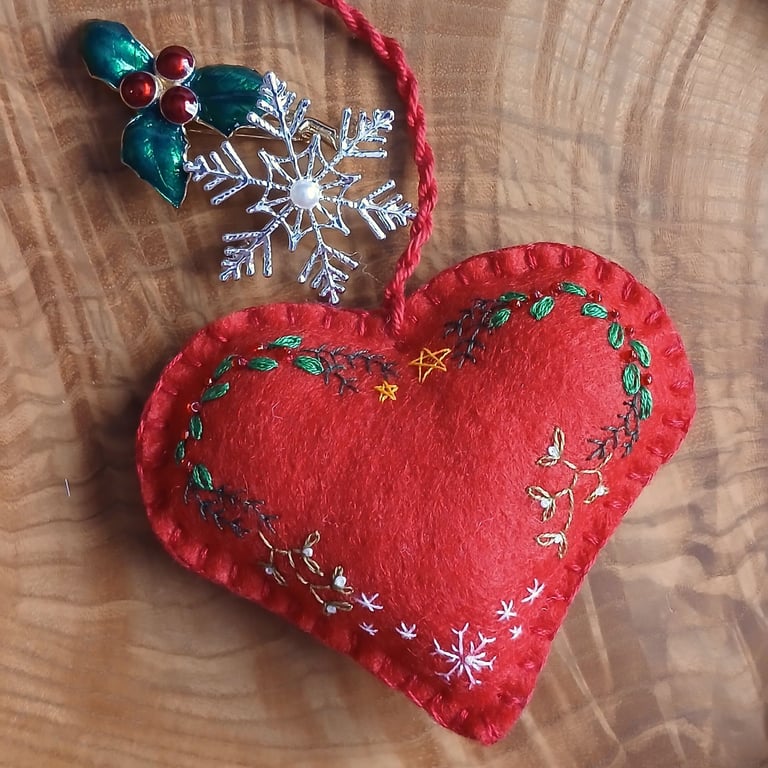 Hand Embroidered Keepsake Christmas Heart - Festive Foliage on Red
