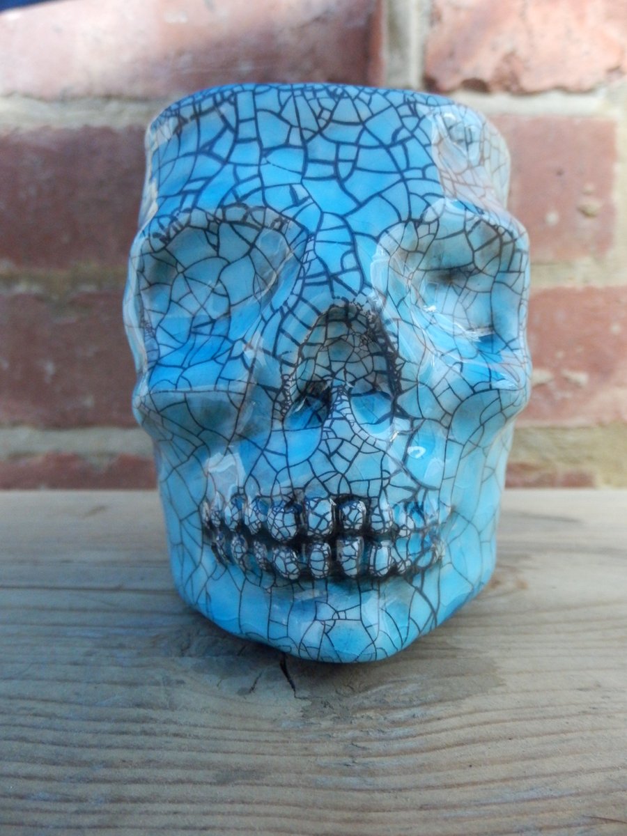 Small Turquoise Skull Pot Ceramic Sculpture 
