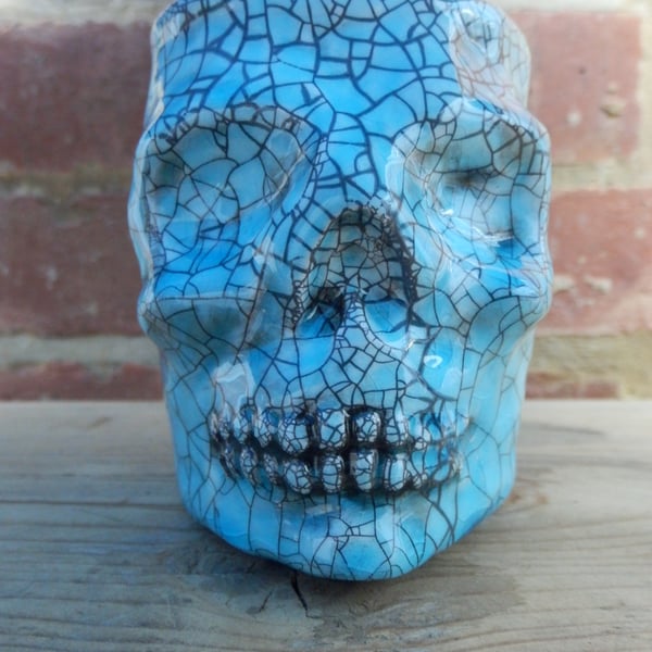 Small Turquoise Skull Pot Ceramic Sculpture 