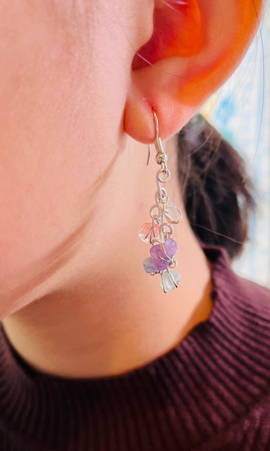 Quartz, Cherry Quartz, Amethyst, Blue Aventurine, Prehnite movement Earrings 