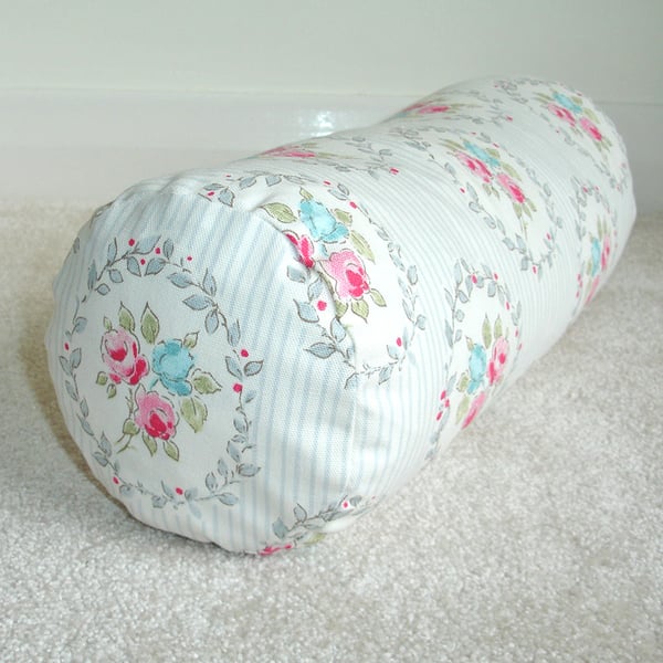 Bolster Cushion Cover 16" x 6" Cylinder Neck Roll Floral Stripe Blue Roses