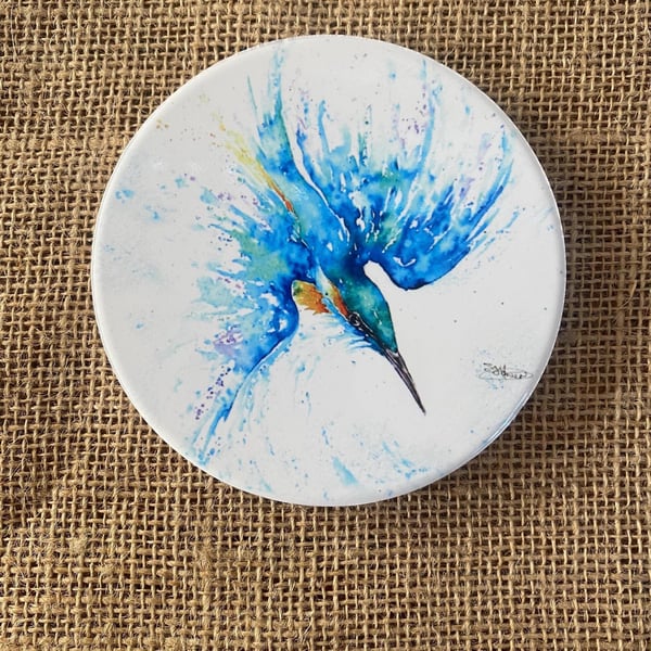 Kingfisher Ceramic Coaster with Cork Base, Large 10cm Round Coaster. From a Wate