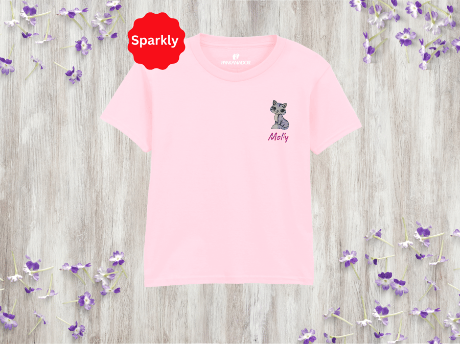 Girls’ Glitter Cat Pocket T-Shirt – Personalised Kitty Tee With Name