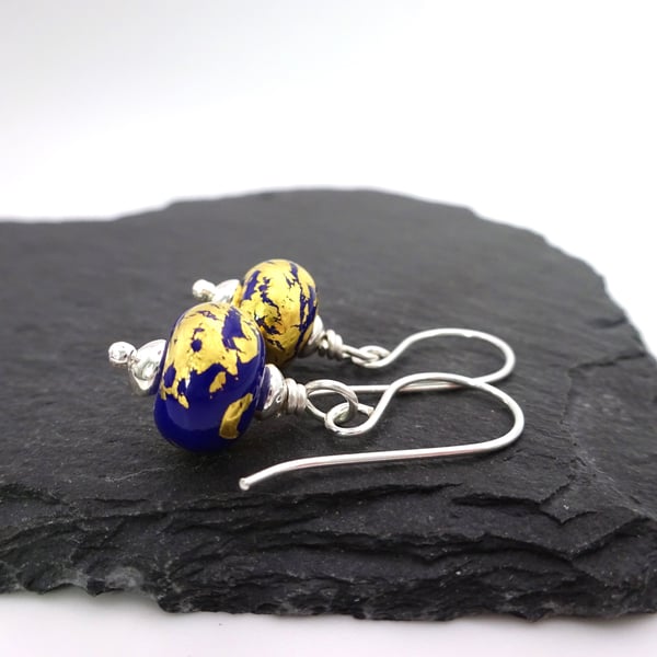 lampwork glass earrings, blue and gold leaf