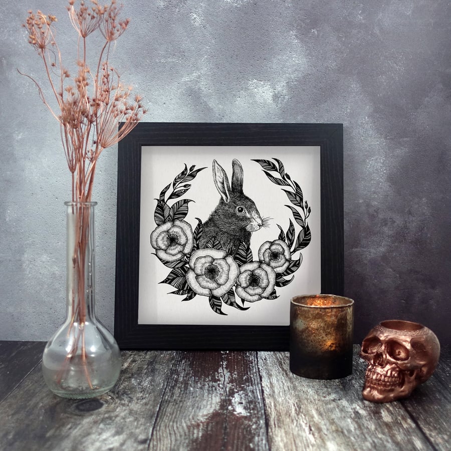 Hare, Rabbit, Illustration, Square Art Print, Botanical, Gothic, Wicca