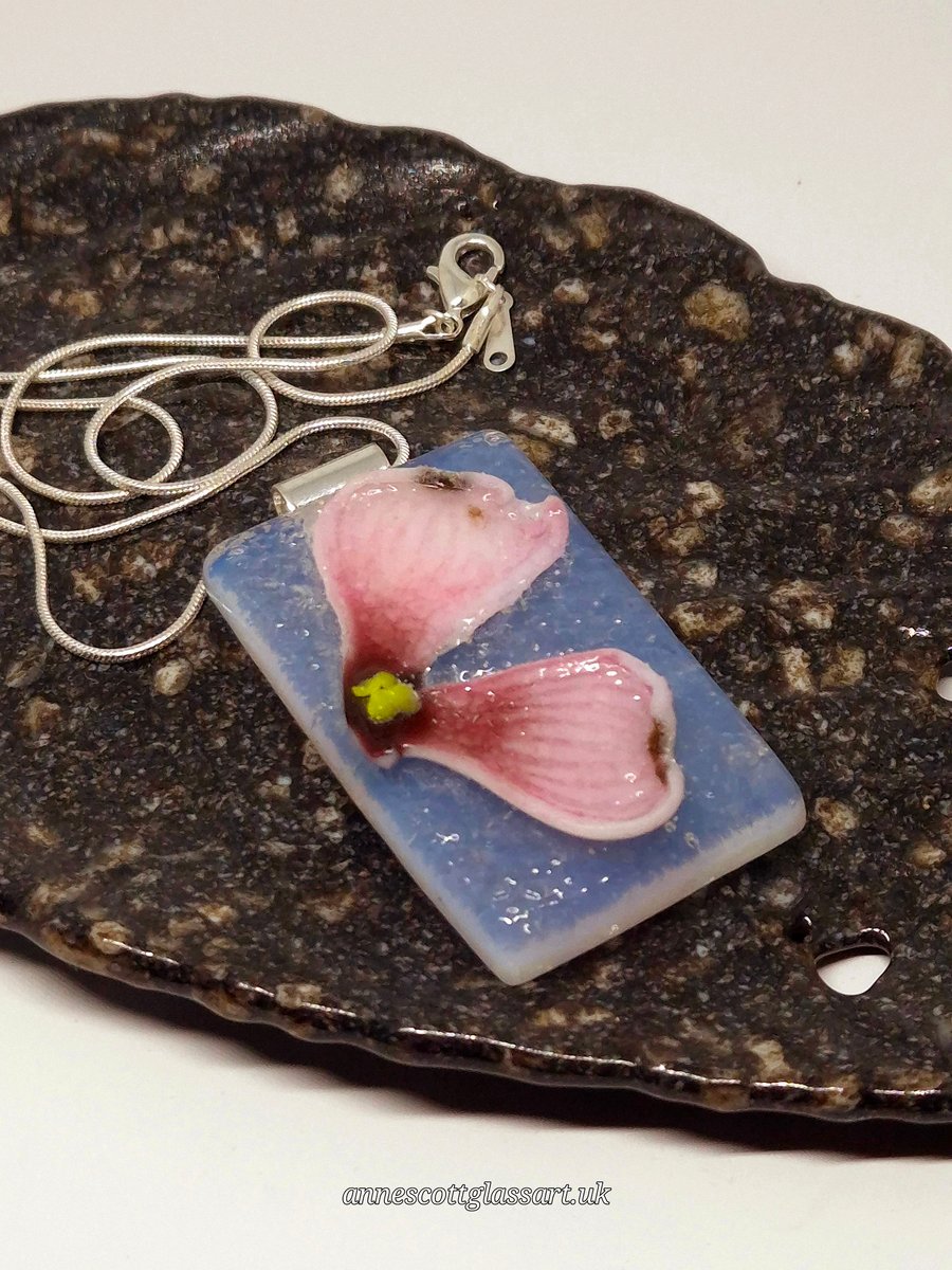 Handmade Fused Glass Botanical Pendant Necklace Pink Dogwood