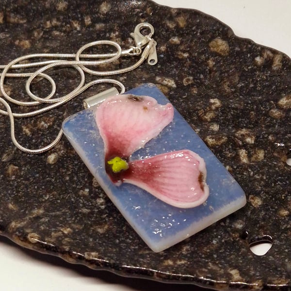 Handmade Fused Glass Botanical Pendant Necklace Pink Dogwood