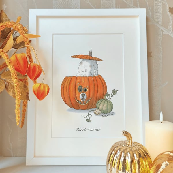 Limited Edition A4 Autumn Dog Art Print – "Jack-O'-Lantern" Pumpkin