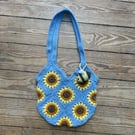 Handmade Sunflower Child's Crochet Bag with Bee Charm - Sky Blue