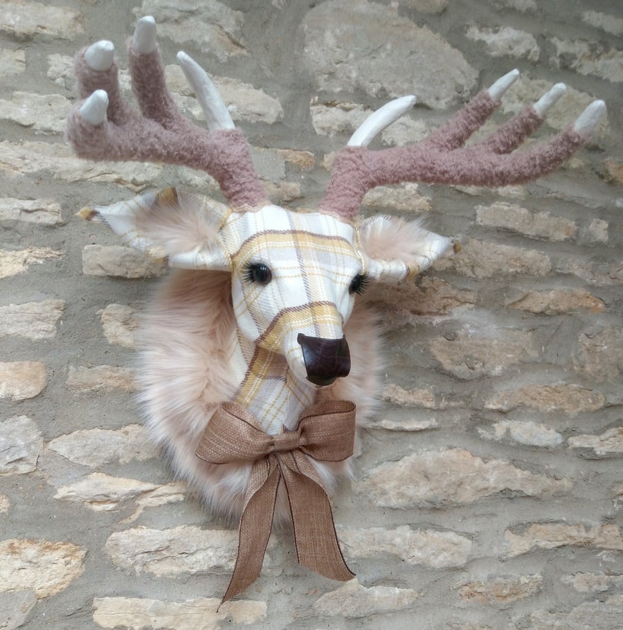 Handmade faux taxidermy dijon, mustard check stag wall mount animal head