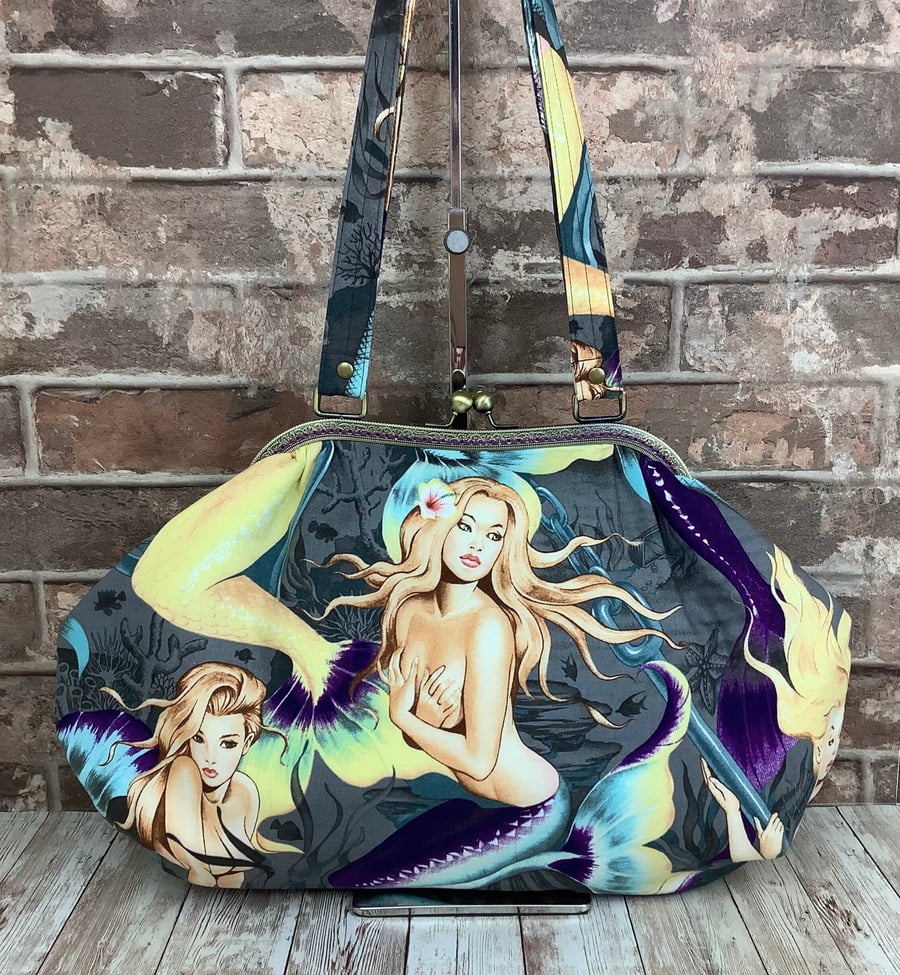 Mermaids large fabric frame bag, Sea Sirens kiss clasp shoulder bag, 2 straps