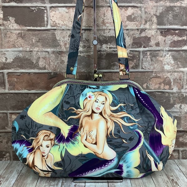 Mermaids large fabric frame bag, Sea Sirens kiss clasp shoulder bag, 2 straps