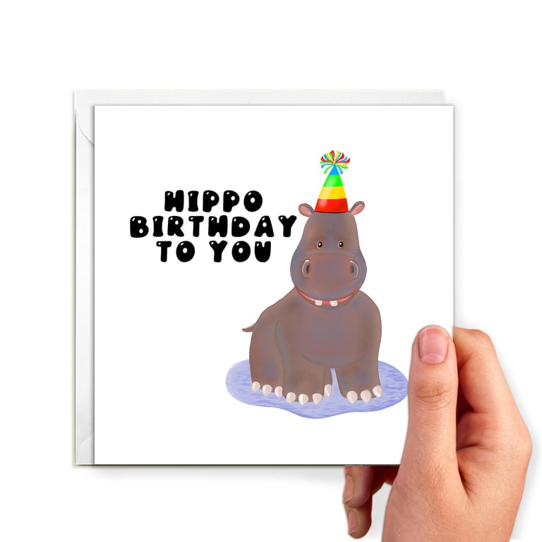 Hippopotamus birthday card with a hippo wearing a party hat