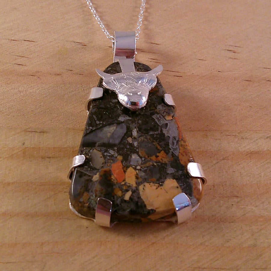 Sterling Silver Highland Cow Necklace with Maligano Jasper Gemstone (SKU060525)