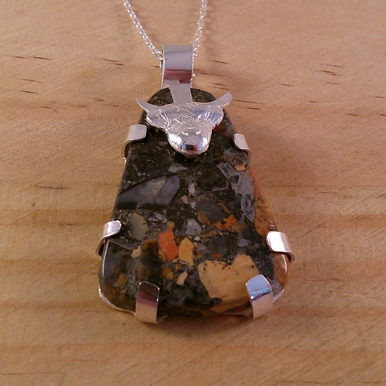 Sterling Silver Highland Cow Necklace with Maligano Jasper Gemstone (SKU060525)