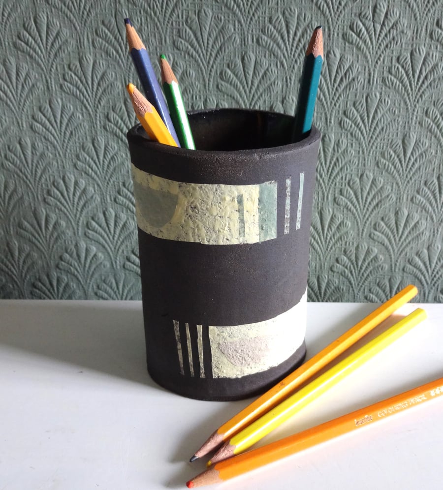 Vase, pen pencil pot, handmade ceramic, mid century modern design, abstract art.
