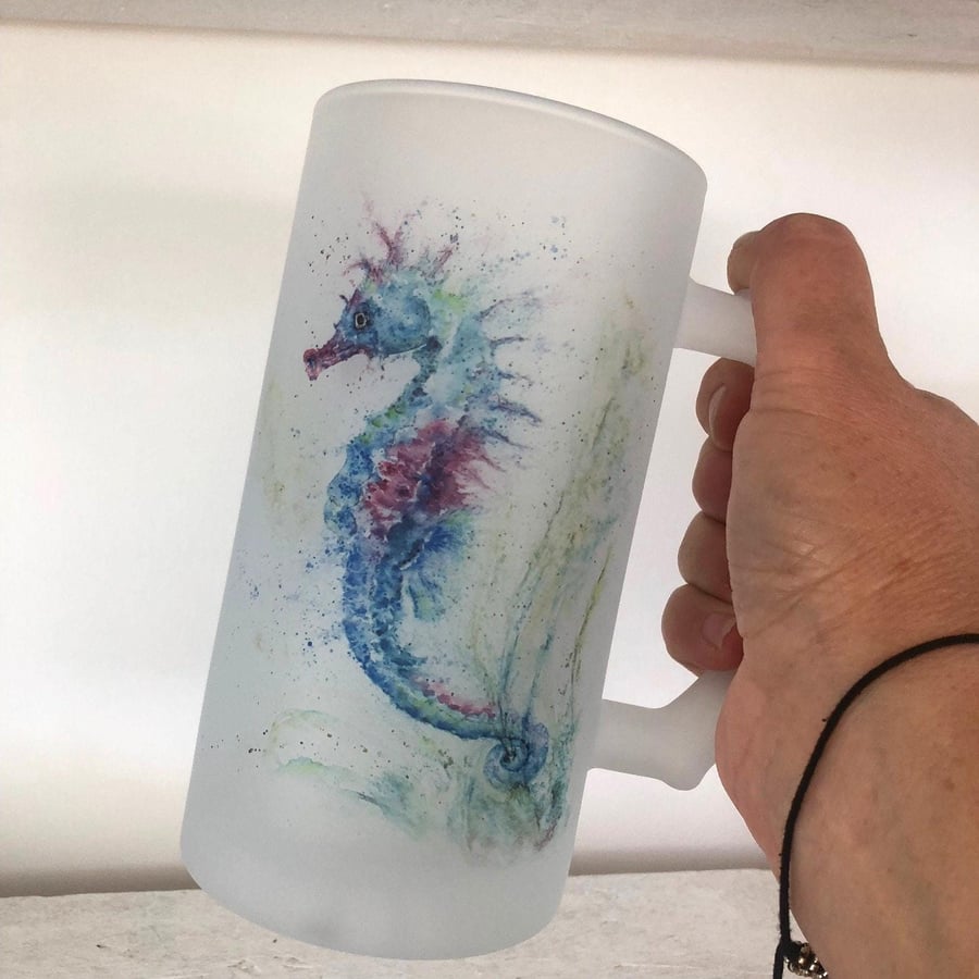 Seahorse Frosted Beer Glass, Tankard, Stein, 500ml Drinks Glass with Handle. Wat