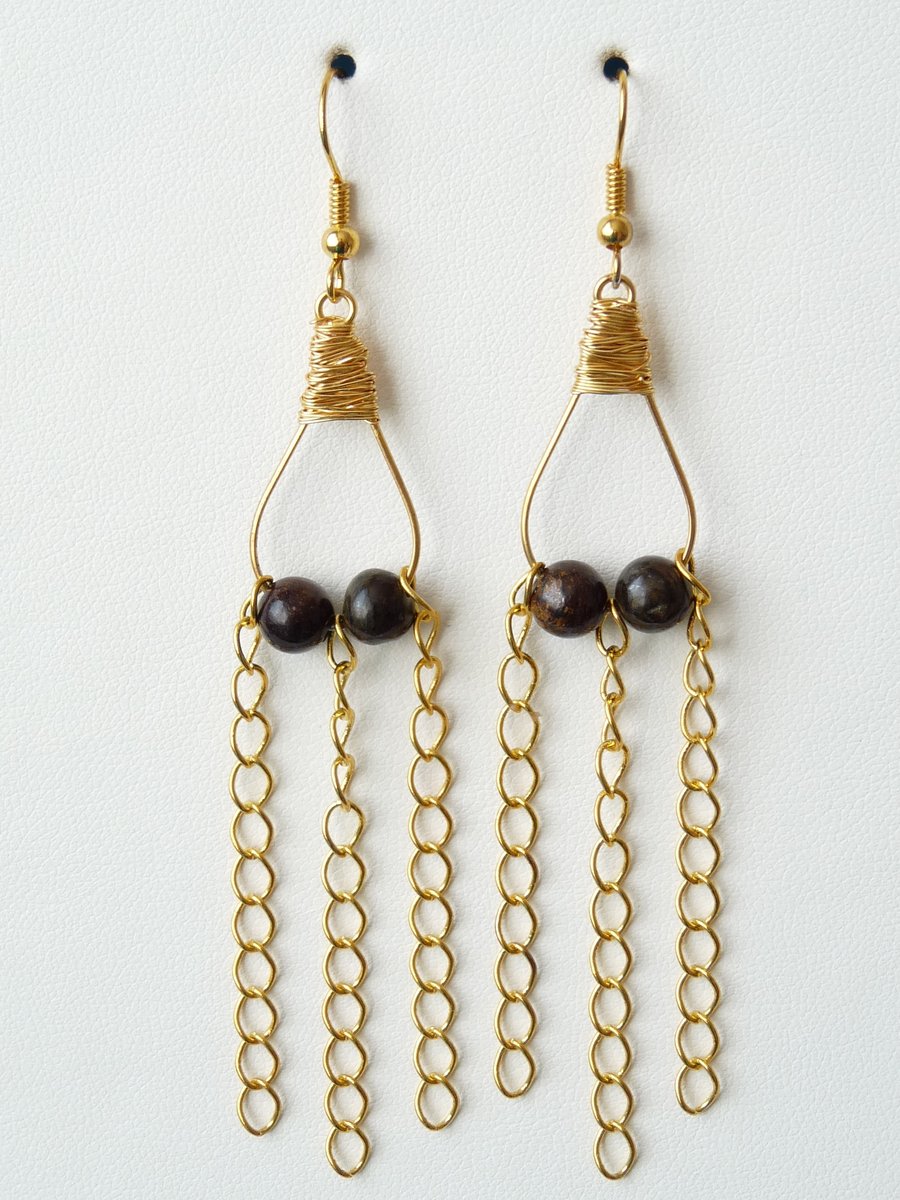 Bronzite Chandelier Chain Earrings - Handmade - Genuine Gemstone