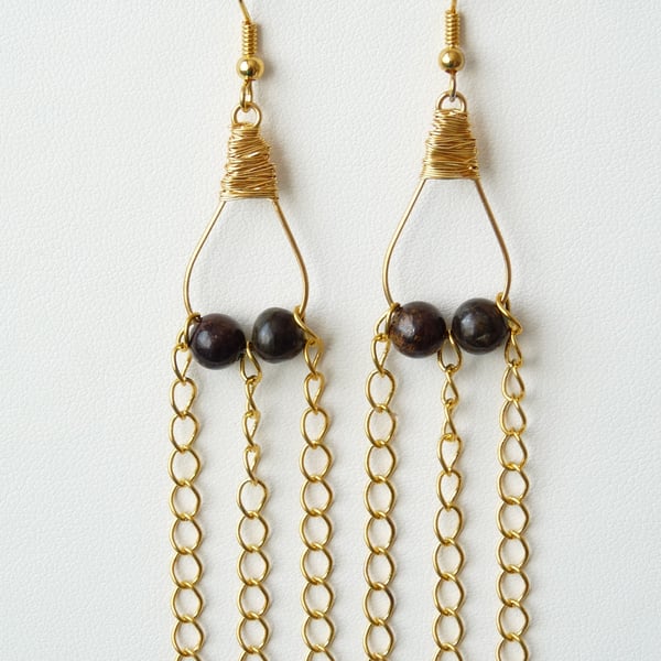 Bronzite Chandelier Chain Earrings - Handmade - Genuine Gemstone