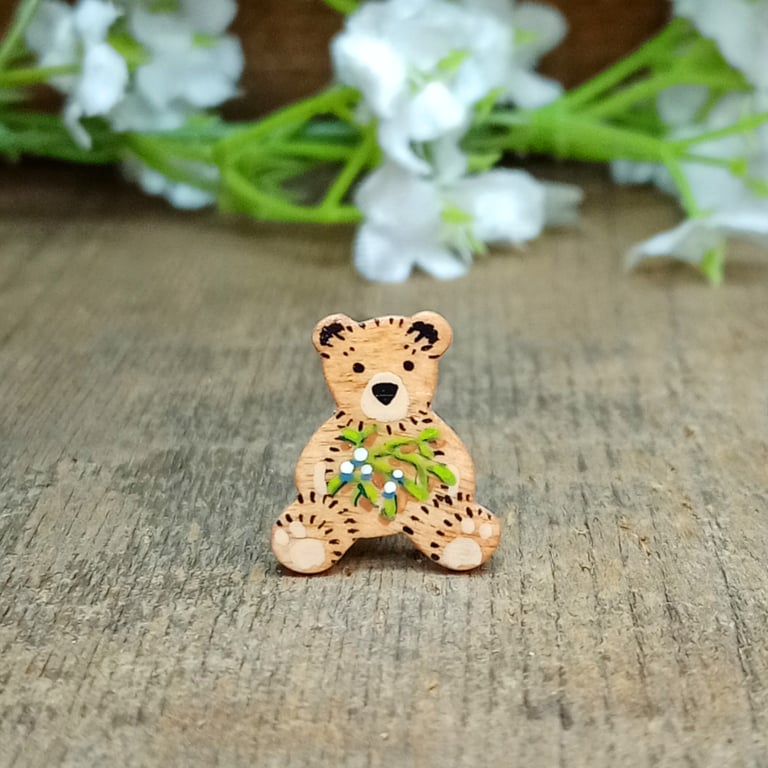 Mistletoe Christmas Bear Pin, Handmade Tiny Wooden Teddy Brooch, Festive Gift