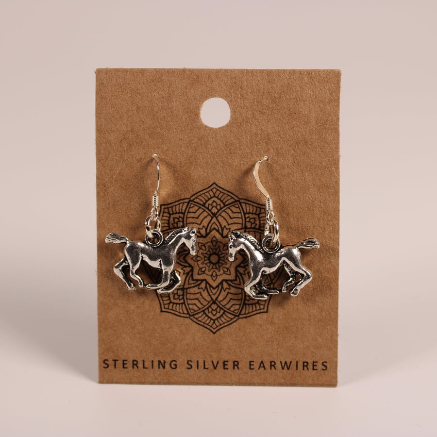 Horse Dangle Earrings with 925 Sterling Silver Earwires