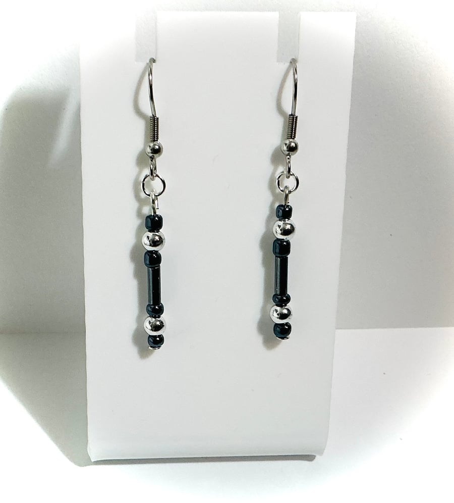 Dark Blue and Silvertone Beaded Earrings