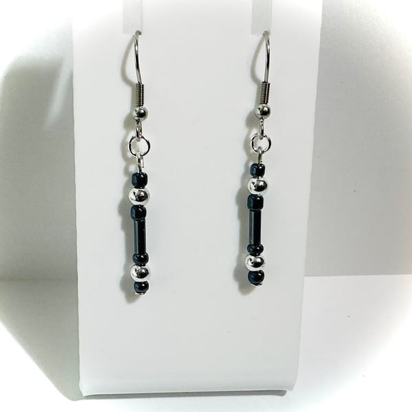 Dark Blue and Silvertone Beaded Earrings