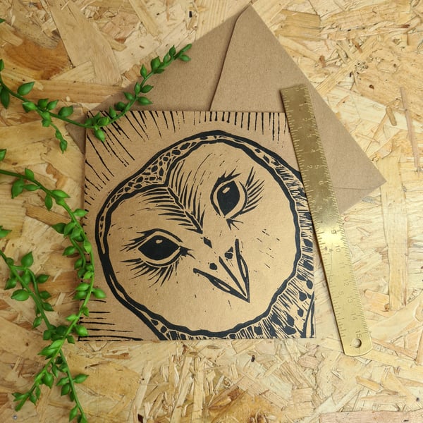 Barn Owl Lino Print Greetings Card 13.5cm x 13.5cm black and gold