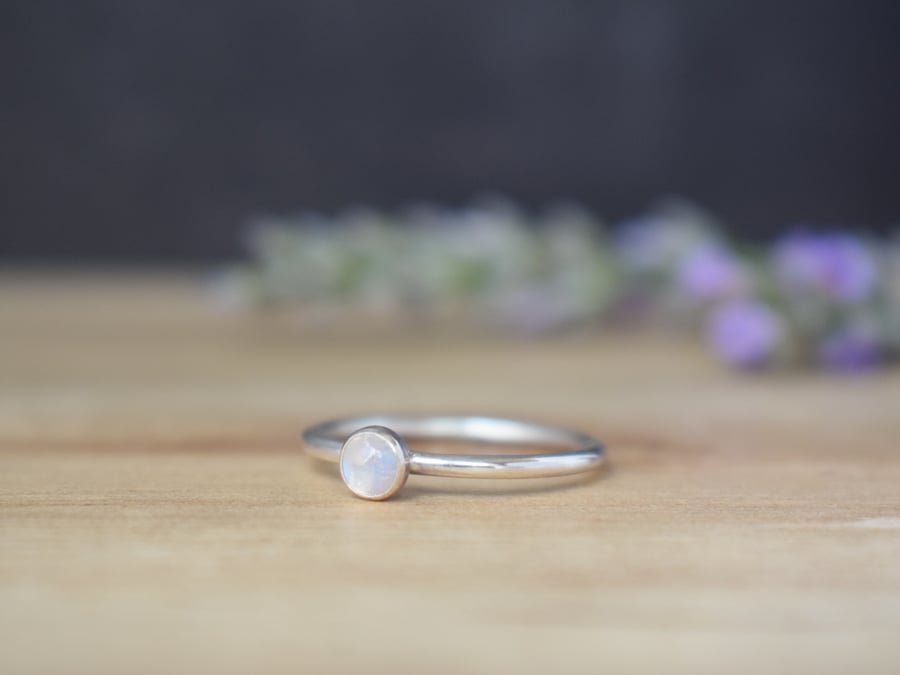 Rainbow Moonstone 4mm Gemstone Ring - Sterling Silver Stacking Ring 
