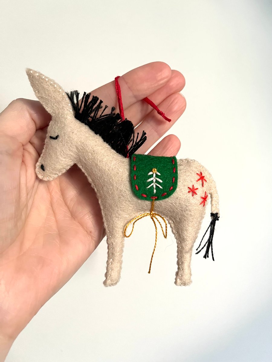 Hand Stitched Wool Felt Donkey Christmas Tree Decoration - pale creamy brown