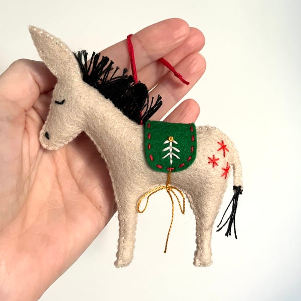 Hand Stitched Wool Felt Donkey Christmas Tree Decoration - pale creamy brown