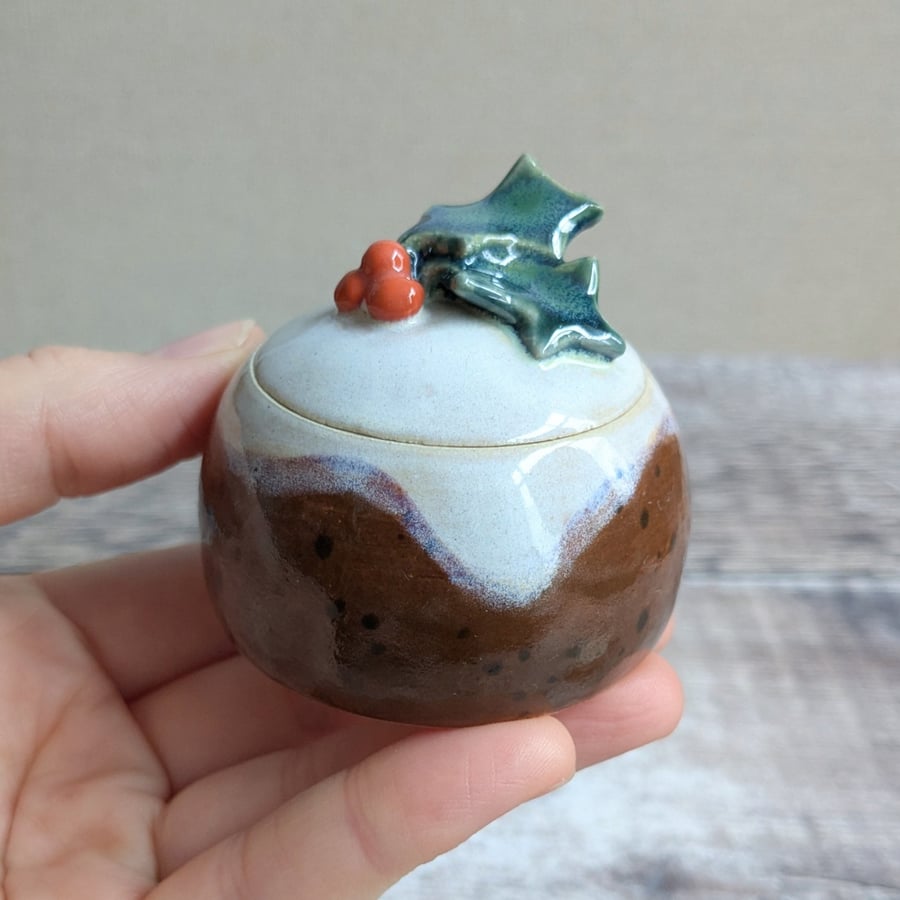 Small handmade ceramic Christmas pudding lidded pot with holly