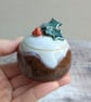 Small handmade ceramic Christmas pudding lidded pot with holly