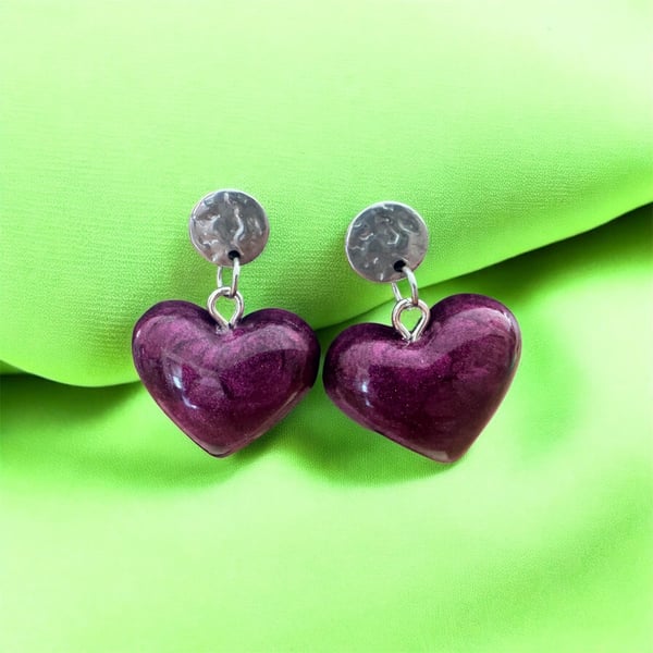 Handmade Plum Heart Resin Earrings Shimmery Purple Drop Earrings Statement Earri