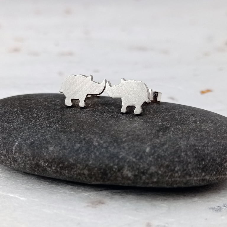 Recycled sterling silver rhino stud earrings – cute handmade animal jewellery 