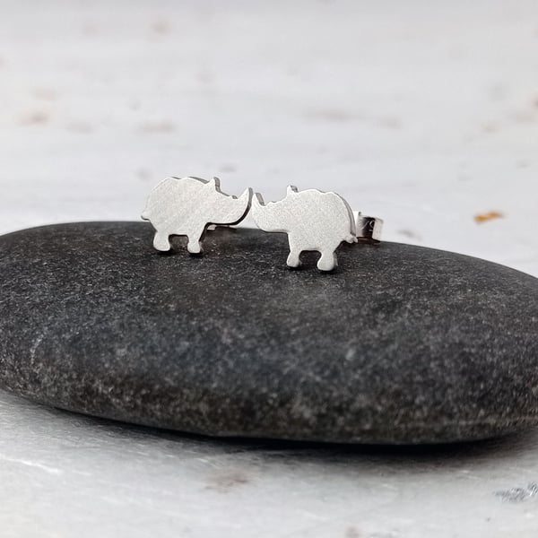 Recycled sterling silver rhino stud earrings – cute handmade animal jewellery 
