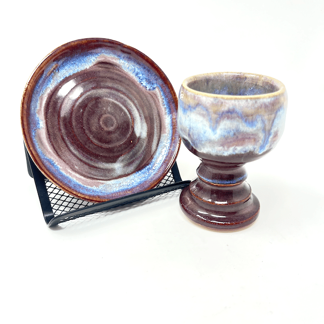 Handcrafted Personal Communion Set ,Pottery Chalice & Plate, Cascading Glazes 