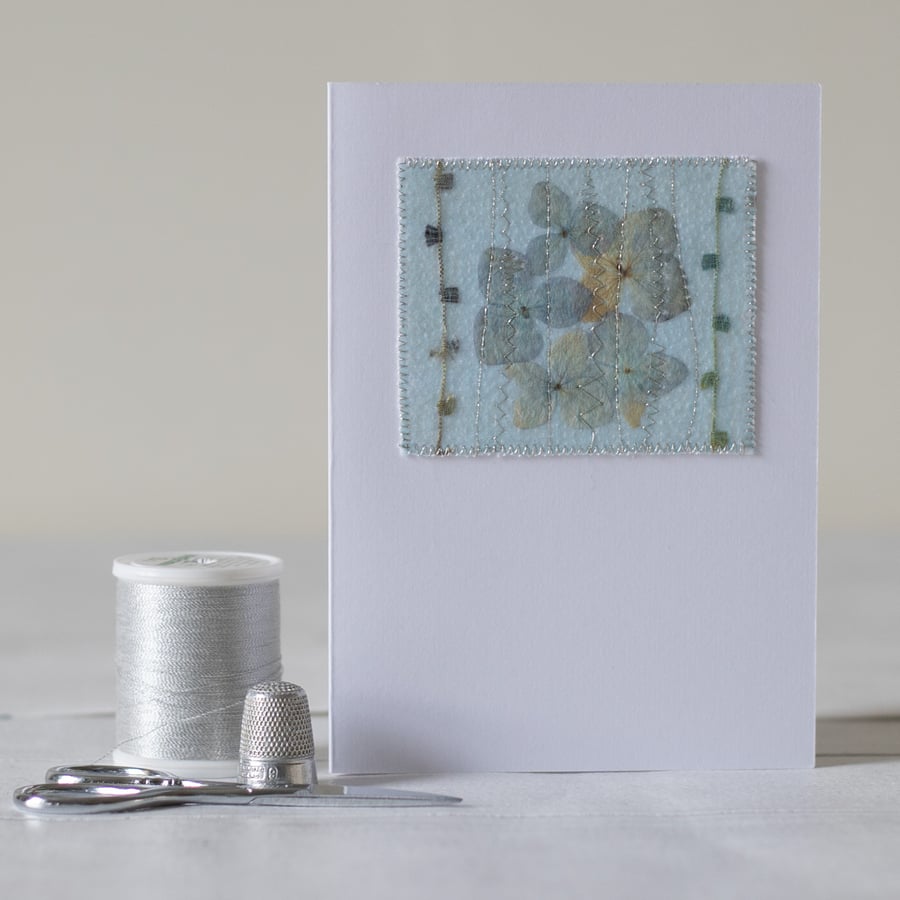 Blank Pressed Flower Hydrangea Mixed Media Textile Greetings Card 