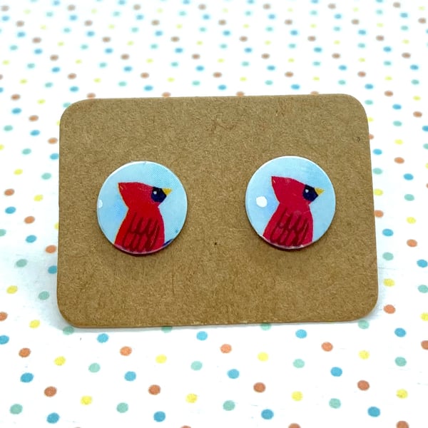 Recycled plastic red bird disc stud earrings