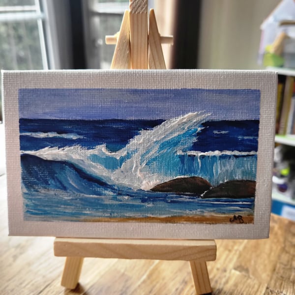 Original acrylic mini canvas board seascape painting wave