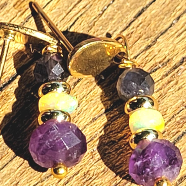 Amethyst, Yellow Opal and Iolite combined in these Luxury Earrings. Handmade