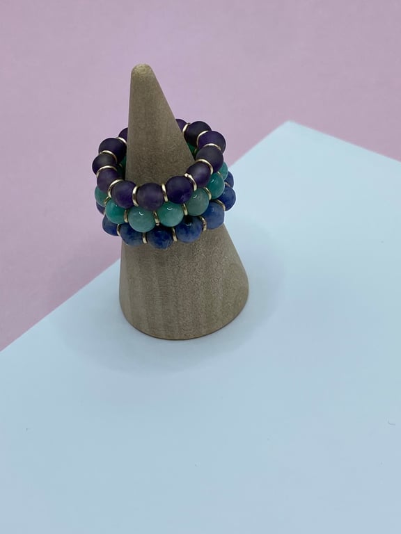 3 stretchy stacker rings with blue jasper, amazonite and amethyst stones