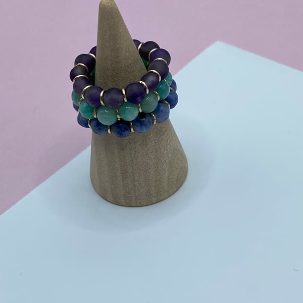 3 stretchy stacker rings with blue jasper, amazonite and amethyst stones