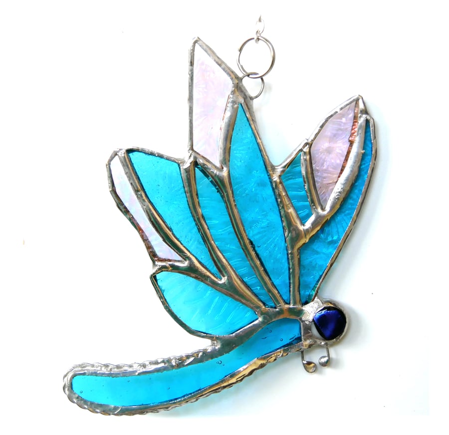 Dragonfly Suncatcher Stained Glass Turquoise Closed Wing