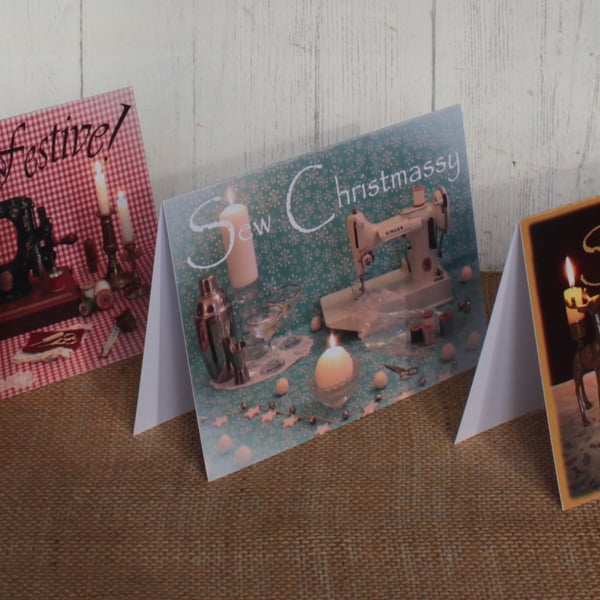 Pack of 12 Christmas cards with a vintage sewing theme.