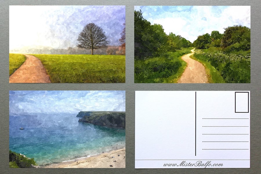 Set of 3 Digital Art Postcards with Watercolour Effect