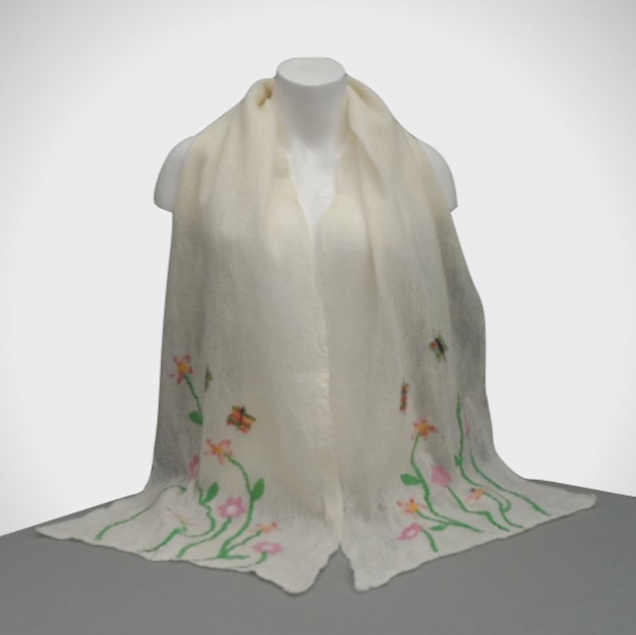 Long white nuno felted scarf with flowers and butterflies - SALE