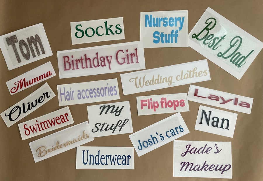 Personalised Iron On, Custom, Heat Transfer vinyl decal stickers, any word, name